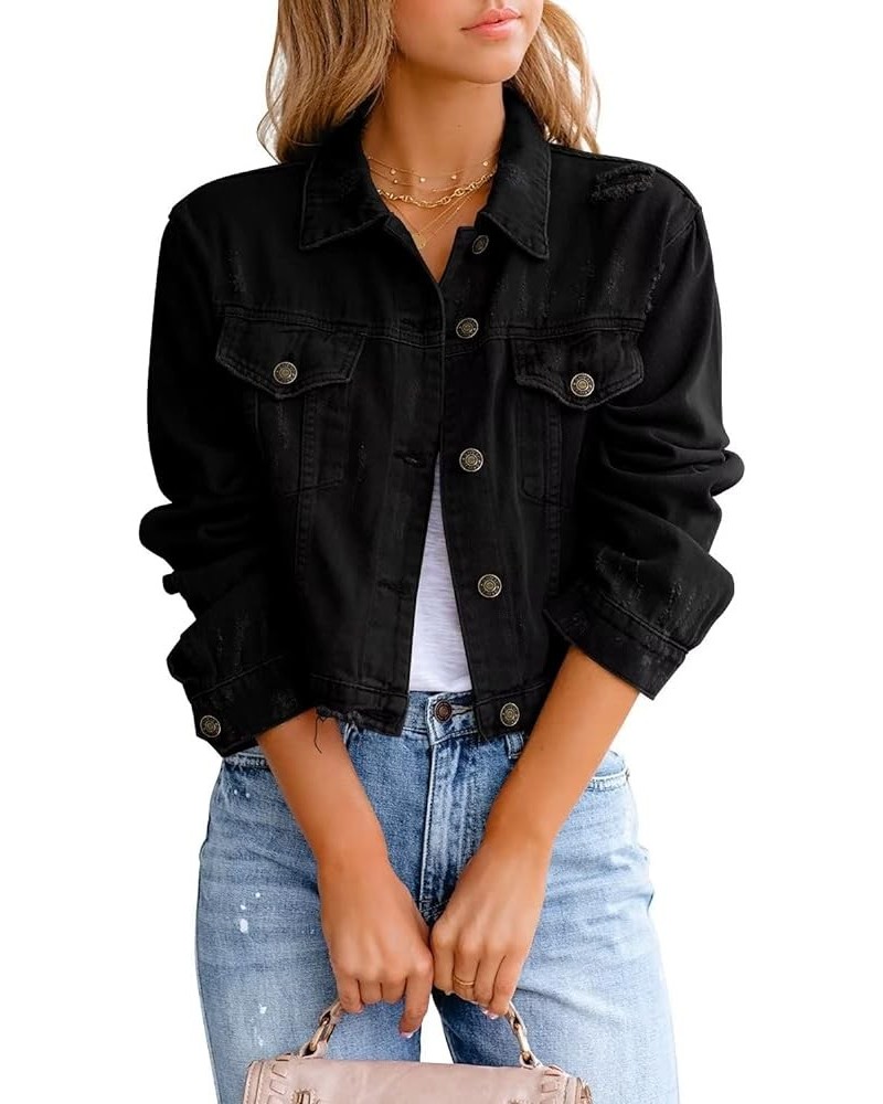 Womens Denim Jacket Distressed Frayed Ripped Jean Jacket Casual Button Down Light Jackets E Black $28.59 Jackets