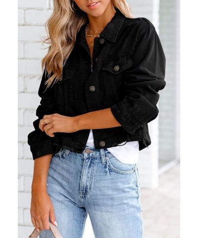 Womens Denim Jacket Distressed Frayed Ripped Jean Jacket Casual Button Down Light Jackets E Black $28.59 Jackets