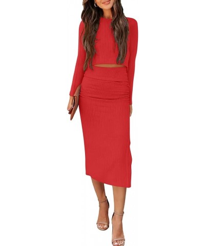 Womens 2024 Fall 2 Piece Outfits Track Suits Long Sleeve Crop Tops Bodycon Midi Skirt Slit Dress Matching Sets Red $13.95 Suits