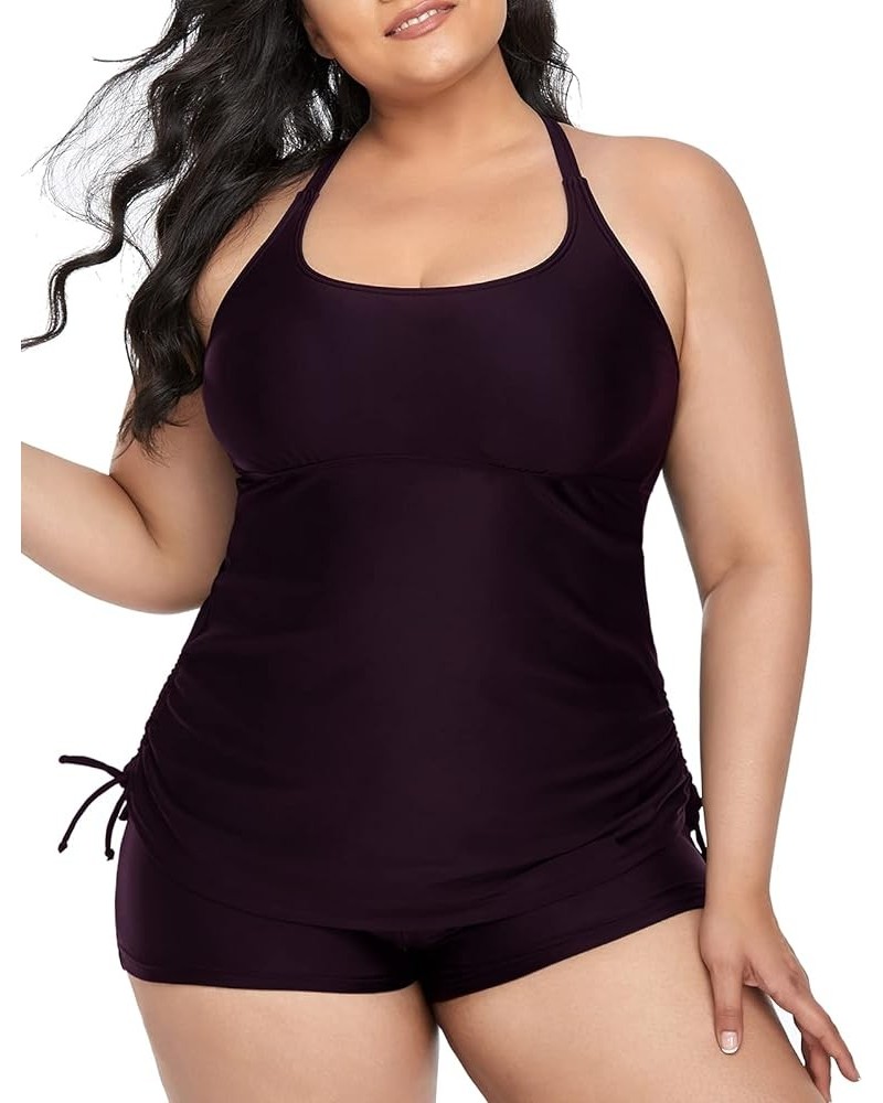 Plus Size Two Piece Tankini Swimsuit for Women Athletic Bathing Suits High Neck Tankini Top with Shorts Dark Purple $19.75 Sw...