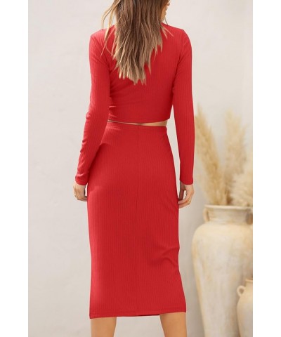 Womens 2024 Fall 2 Piece Outfits Track Suits Long Sleeve Crop Tops Bodycon Midi Skirt Slit Dress Matching Sets Red $13.95 Suits