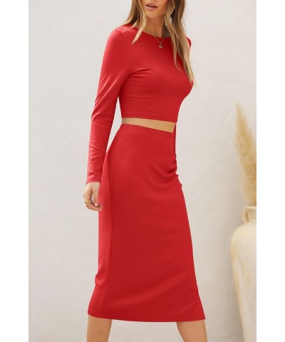 Womens 2024 Fall 2 Piece Outfits Track Suits Long Sleeve Crop Tops Bodycon Midi Skirt Slit Dress Matching Sets Red $13.95 Suits