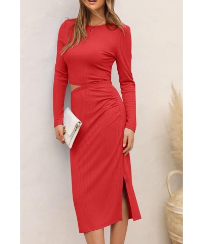 Womens 2024 Fall 2 Piece Outfits Track Suits Long Sleeve Crop Tops Bodycon Midi Skirt Slit Dress Matching Sets Red $13.95 Suits