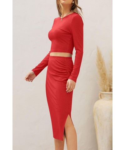 Womens 2024 Fall 2 Piece Outfits Track Suits Long Sleeve Crop Tops Bodycon Midi Skirt Slit Dress Matching Sets Red $13.95 Suits