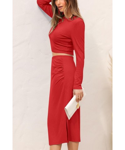 Womens 2024 Fall 2 Piece Outfits Track Suits Long Sleeve Crop Tops Bodycon Midi Skirt Slit Dress Matching Sets Red $13.95 Suits