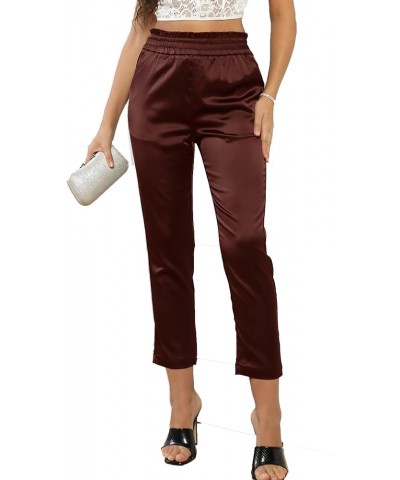 Women's Satin Silky Dress Fashion Paperbag Elastic Waist Cropped Pants Trousers J2 Brown $15.40 Pants