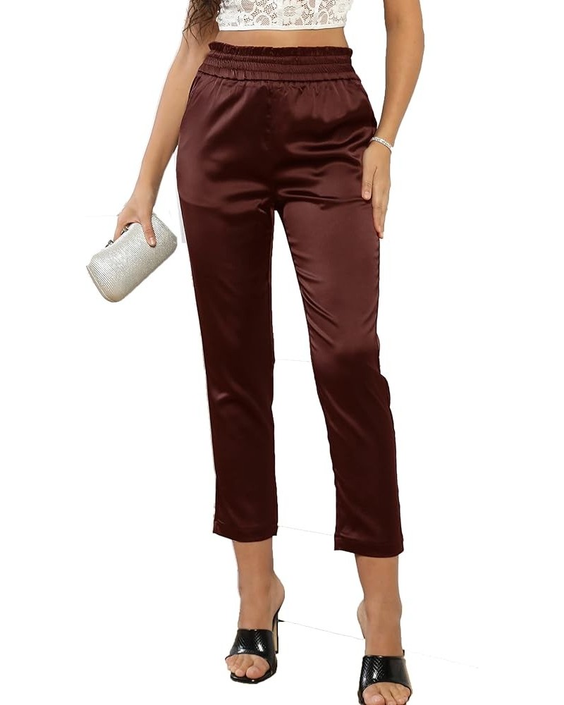 Women's Satin Silky Dress Fashion Paperbag Elastic Waist Cropped Pants Trousers J2 Brown $15.40 Pants