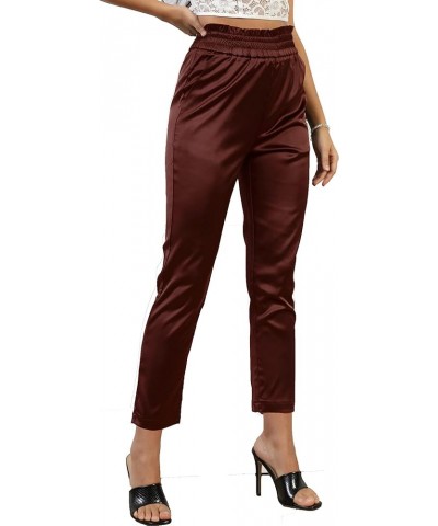 Women's Satin Silky Dress Fashion Paperbag Elastic Waist Cropped Pants Trousers J2 Brown $15.40 Pants