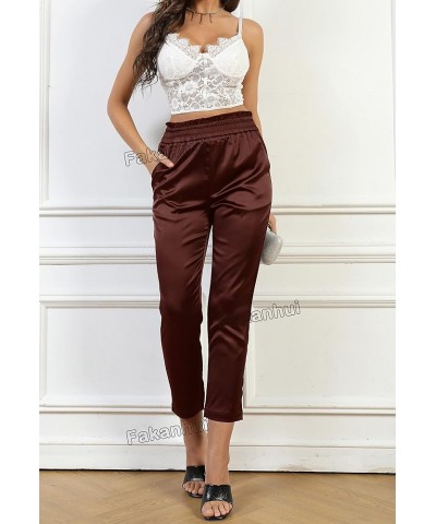 Women's Satin Silky Dress Fashion Paperbag Elastic Waist Cropped Pants Trousers J2 Brown $15.40 Pants