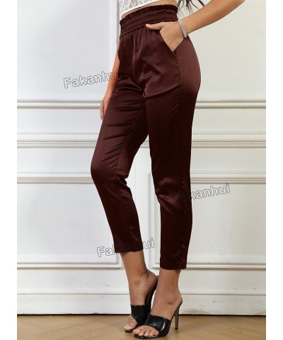 Women's Satin Silky Dress Fashion Paperbag Elastic Waist Cropped Pants Trousers J2 Brown $15.40 Pants