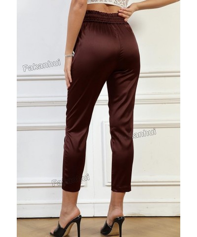 Women's Satin Silky Dress Fashion Paperbag Elastic Waist Cropped Pants Trousers J2 Brown $15.40 Pants