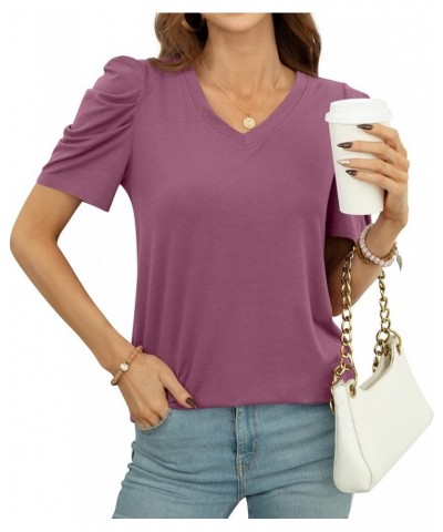 Women Puff Sleeve Summer Tunic Top Casual T-Shirts Fashion V-Neck Pullover Loose Blouse Basic V Purple Red $11.60 Tops