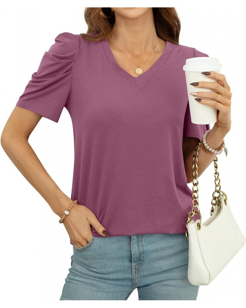 Women Puff Sleeve Summer Tunic Top Casual T-Shirts Fashion V-Neck Pullover Loose Blouse Basic V Purple Red $11.60 Tops