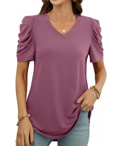 Women Puff Sleeve Summer Tunic Top Casual T-Shirts Fashion V-Neck Pullover Loose Blouse Basic V Purple Red $11.60 Tops