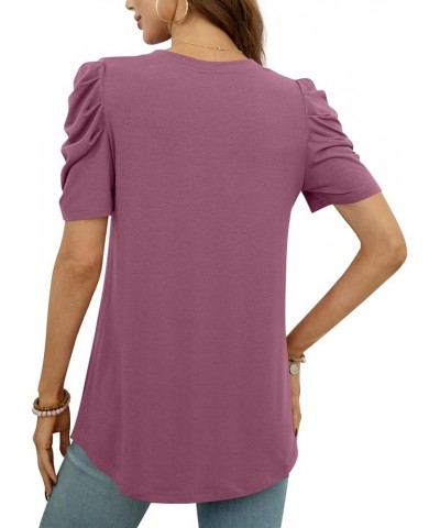 Women Puff Sleeve Summer Tunic Top Casual T-Shirts Fashion V-Neck Pullover Loose Blouse Basic V Purple Red $11.60 Tops