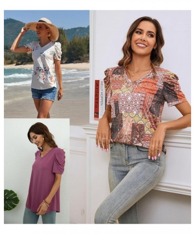 Women Puff Sleeve Summer Tunic Top Casual T-Shirts Fashion V-Neck Pullover Loose Blouse Basic V Purple Red $11.60 Tops