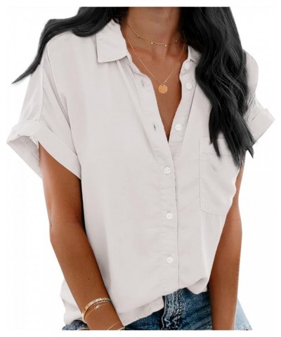 Womens V Neck Button Down Shirt Loose Casual Summer Short Sleeve Top Blouses with Pockets White $15.59 Blouses