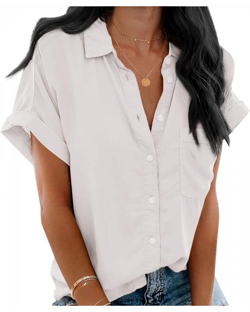 Womens V Neck Button Down Shirt Loose Casual Summer Short Sleeve Top Blouses with Pockets White $15.59 Blouses