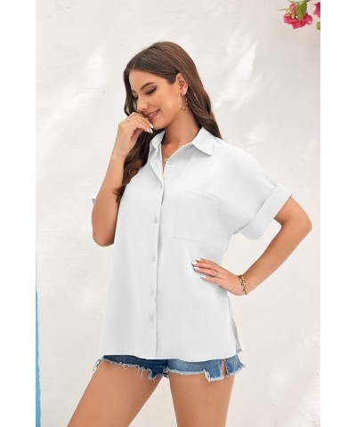 Womens V Neck Button Down Shirt Loose Casual Summer Short Sleeve Top Blouses with Pockets White $15.59 Blouses