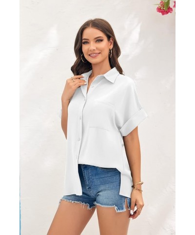 Womens V Neck Button Down Shirt Loose Casual Summer Short Sleeve Top Blouses with Pockets White $15.59 Blouses