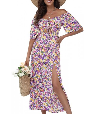 Womens Summer Floral Midi Dress 2024 Casual Boho Dresses Short Sleeve A-line Square Neck Tie Front Cutout Spring Dress Purple...