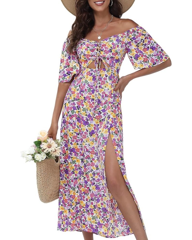 Womens Summer Floral Midi Dress 2024 Casual Boho Dresses Short Sleeve A-line Square Neck Tie Front Cutout Spring Dress Purple...