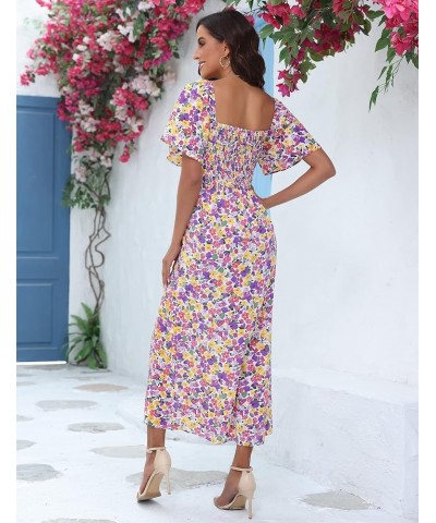 Womens Summer Floral Midi Dress 2024 Casual Boho Dresses Short Sleeve A-line Square Neck Tie Front Cutout Spring Dress Purple...