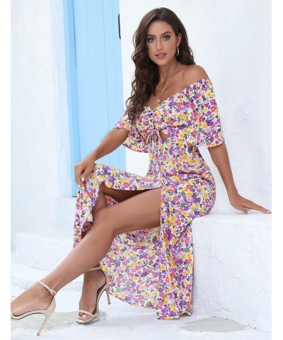 Womens Summer Floral Midi Dress 2024 Casual Boho Dresses Short Sleeve A-line Square Neck Tie Front Cutout Spring Dress Purple...