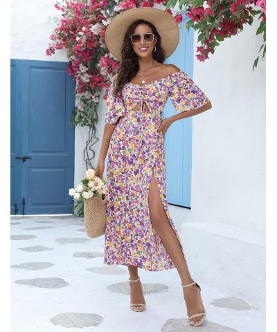 Womens Summer Floral Midi Dress 2024 Casual Boho Dresses Short Sleeve A-line Square Neck Tie Front Cutout Spring Dress Purple...