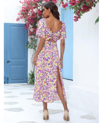 Womens Summer Floral Midi Dress 2024 Casual Boho Dresses Short Sleeve A-line Square Neck Tie Front Cutout Spring Dress Purple...