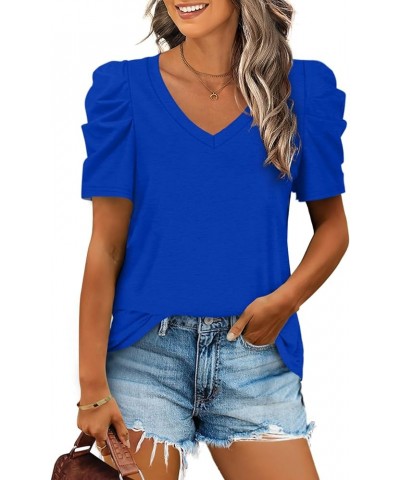 Womens Summer Shirt V Neck Casual Tshirts Puff Sleeve Tops for Women Solid Color XS-3XL 12-royal Blue $10.79 T-Shirts