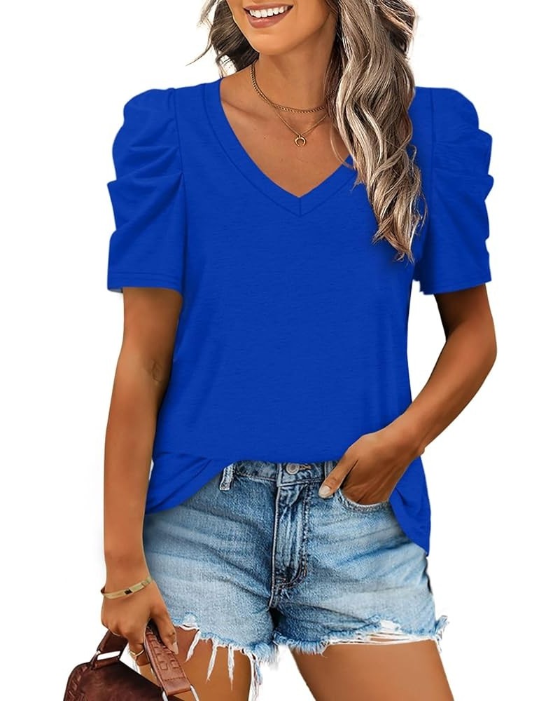 Womens Summer Shirt V Neck Casual Tshirts Puff Sleeve Tops for Women Solid Color XS-3XL 12-royal Blue $10.79 T-Shirts