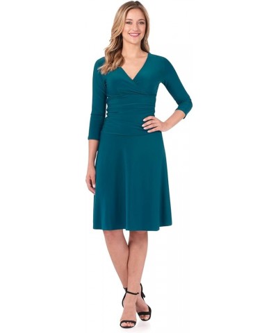 Women's Slimming 3/4 Sleeve Fit-and-Flare Crossover Tummy Control Dress Teal $22.55 Dresses