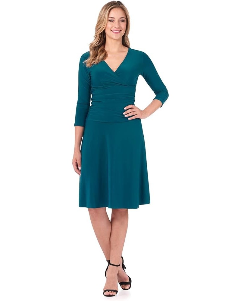 Women's Slimming 3/4 Sleeve Fit-and-Flare Crossover Tummy Control Dress Teal $22.55 Dresses