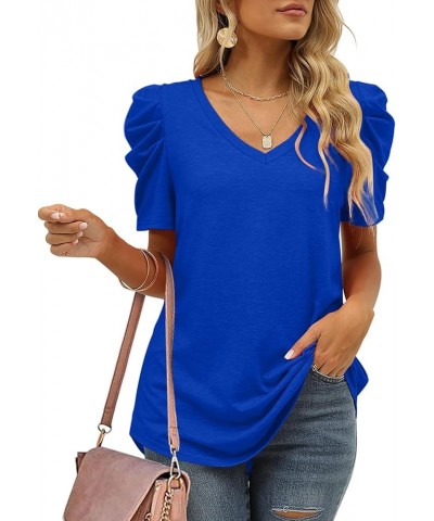 Womens Summer Shirt V Neck Casual Tshirts Puff Sleeve Tops for Women Solid Color XS-3XL 12-royal Blue $10.79 T-Shirts