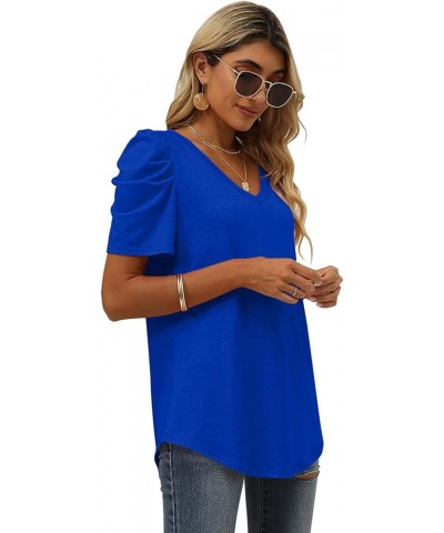 Womens Summer Shirt V Neck Casual Tshirts Puff Sleeve Tops for Women Solid Color XS-3XL 12-royal Blue $10.79 T-Shirts