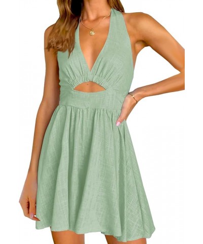 Womens Summer Sleeveless Halter V Neck Backless Cut Out Sexy Casual Party Swing Flared Mini Dress Green $21.16 Dresses