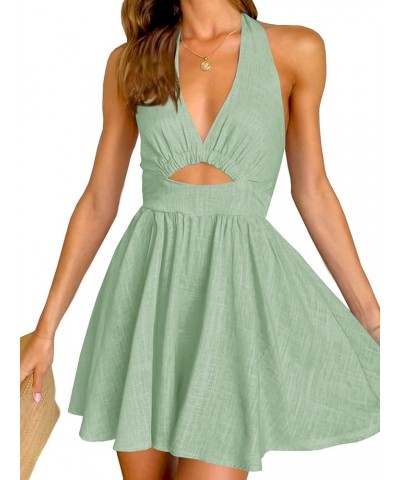 Womens Summer Sleeveless Halter V Neck Backless Cut Out Sexy Casual Party Swing Flared Mini Dress Green $21.16 Dresses