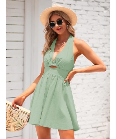 Womens Summer Sleeveless Halter V Neck Backless Cut Out Sexy Casual Party Swing Flared Mini Dress Green $21.16 Dresses