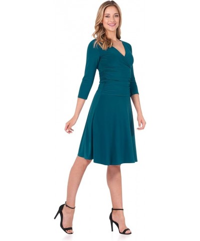 Women's Slimming 3/4 Sleeve Fit-and-Flare Crossover Tummy Control Dress Teal $22.55 Dresses