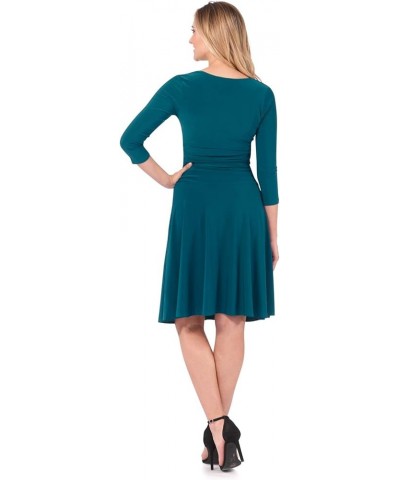 Women's Slimming 3/4 Sleeve Fit-and-Flare Crossover Tummy Control Dress Teal $22.55 Dresses