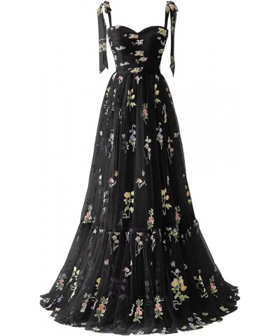 Long Tulle Flower Embroidery Homecoming Dress for Women Spaghetti Strap Formal Evening Party Floral Gowns Black $32.66 Dresses