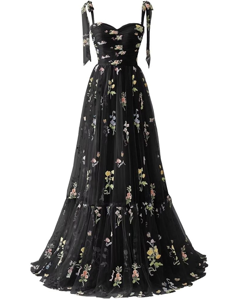 Long Tulle Flower Embroidery Homecoming Dress for Women Spaghetti Strap Formal Evening Party Floral Gowns Black $32.66 Dresses