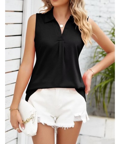 Womens V Neck Polo Shirts Sleeveless Collared Tops Loose Pleated Casual Tunic Blouses Black $10.19 Tanks