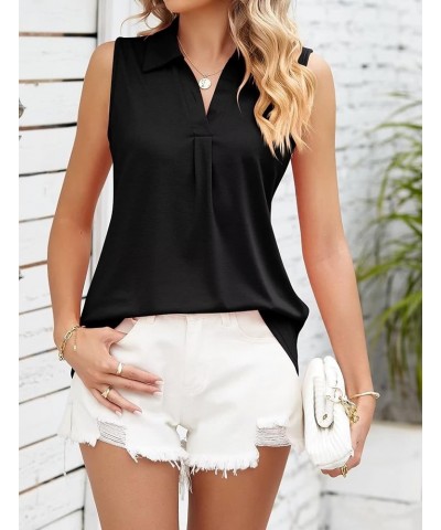 Womens V Neck Polo Shirts Sleeveless Collared Tops Loose Pleated Casual Tunic Blouses Black $10.19 Tanks