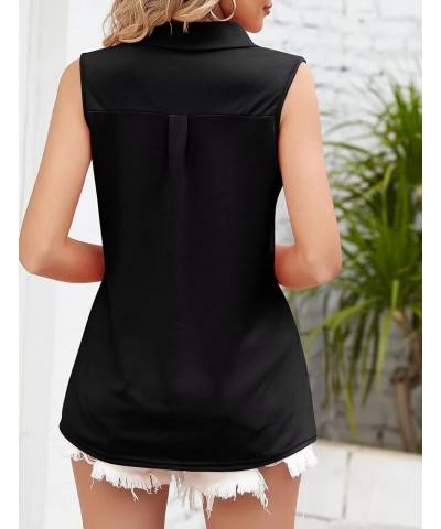 Womens V Neck Polo Shirts Sleeveless Collared Tops Loose Pleated Casual Tunic Blouses Black $10.19 Tanks