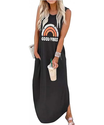 Women's Casual Summer Sleeveless Dress Loose Split Maxi Dresses with Pockets Rainbow Black $16.72 Dresses