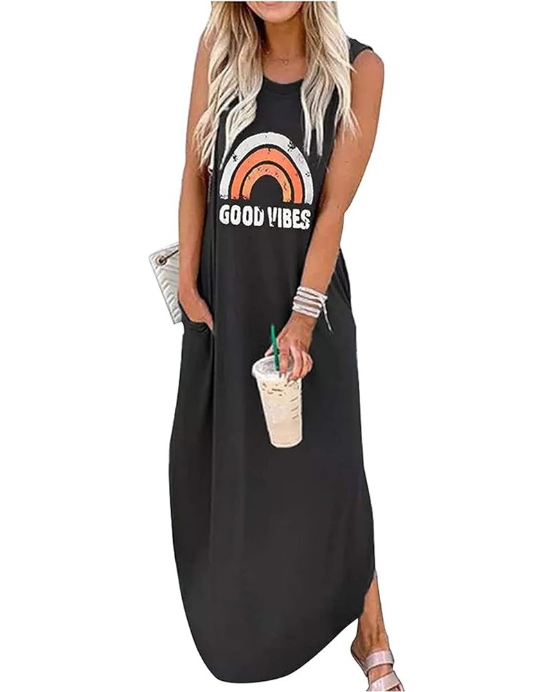 Women's Casual Summer Sleeveless Dress Loose Split Maxi Dresses with Pockets Rainbow Black $16.72 Dresses