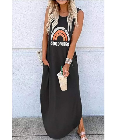 Women's Casual Summer Sleeveless Dress Loose Split Maxi Dresses with Pockets Rainbow Black $16.72 Dresses