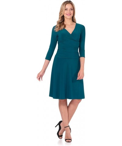 Women's Slimming 3/4 Sleeve Fit-and-Flare Crossover Tummy Control Dress Teal $22.55 Dresses